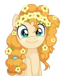 Size: 957x1125 | Tagged: safe, artist:tina-de-love, derpibooru import, pear butter, earth pony, pony, the perfect pear, bust, cute, daaaaaaaaaaaw, female, floral head wreath, flower, flower in hair, hnnng, looking at you, mare, pearabetes, portrait, simple background, smiling, solo, transparent background
