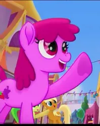 Size: 289x364 | Tagged: safe, derpibooru import, screencap, apple cobbler, apple fritter, berry punch, berryshine, earth pony, pony, my little pony: the movie, apple family member, background pony, cropped, female, mare, raised hoof, smiling, underhoof