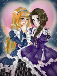 Size: 1200x1600 | Tagged: safe, artist:kin-with-sin, derpibooru import, oc, oc:cold front, oc:disty, unofficial characters only, human, pegasus, pony, unicorn, blushing, bow, choker, clothes, crossdressing, cute, dress, frills, gay, giggling, heart, holding, humanized, lace, lolita fashion, male, pretty, shipping, smiling, trap, wings