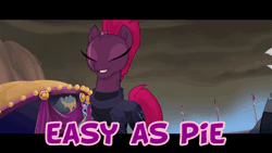 Size: 800x450 | Tagged: safe, derpibooru import, edit, screencap, grubber, tempest shadow, pony, my little pony: the movie, animated, broken horn, easy as pie, eye scar, gif, horn, scar, text edit, that hedgehog sure does like pies