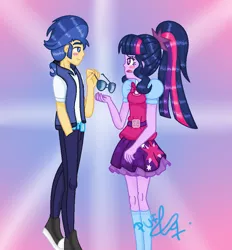 Size: 858x924 | Tagged: safe, artist:pufuletika-mlp, derpibooru import, flash sentry, sci-twi, twilight sparkle, equestria girls, alternate hairstyle, clothes, couple, female, flashlight, hairdresser, hairstyle, love, male, outfit, romance, sciflash, shipping, straight