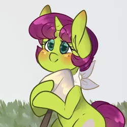 Size: 2000x2000 | Tagged: safe, artist:mimisaurusrex, derpibooru import, oc, oc:apparently shovel, unofficial characters only, pony, unicorn, bandana, cute, female, field, filly, heart eyes, shovel, smiling, solo, wingding eyes