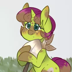 Size: 1280x1280 | Tagged: safe, artist:mimisaurusrex, derpibooru import, oc, oc:apparently shovel, unofficial characters only, pony, unicorn, bandana, cute, dirty, female, field, filly, heart eyes, shovel, smiling, solo, wingding eyes