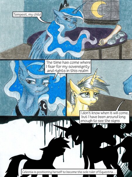 Size: 1024x1365 | Tagged: safe, artist:tillie-tmb, derpibooru import, princess luna, oc, oc:tempest, pony, unicorn, comic:the amulet of shades, comic, female, mare, moon, night, traditional art