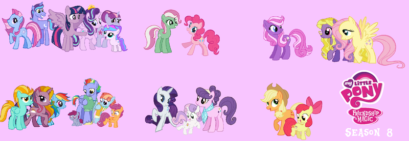 Size: 2700x936 | Tagged: safe, derpibooru import, apple bloom, applejack, bow hothoof, cottonbelle, daisy dreams, fluttershy, lightning dust, lily blossom, minty, pinkie pie, rainbow dash, rainbow flash, rarity, scootaloo, star dreams, starlight glimmer, suri polomare, sweetie belle, twilight sparkle, windy whistles, alicorn, pony, alicornified, alternate cutie mark, logo, my little pony logo, pink background, race swap, simple background, starlicorn, starlight's parents, stock vector, wat, xk-class end-of-the-world scenario