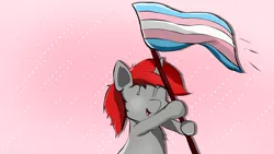 Size: 1280x720 | Tagged: safe, artist:rainyvisualz, derpibooru import, oc, oc:zenatura, unofficial characters only, pony, unicorn, flag, happy, pride, solo, transgender pride flag