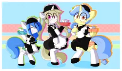 Size: 6000x3500 | Tagged: safe, artist:fullmetalpikmin, derpibooru import, oc, oc:cherry blossom, oc:mal, oc:viewing pleasure, unofficial characters only, pony, absurd resolution, blushing, clothes, maid, maid fetish, one eye closed, panties, underwear, wink