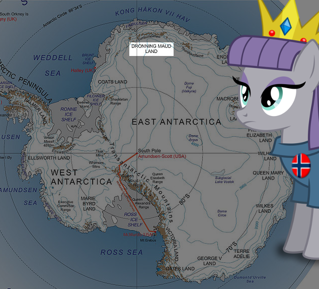 Size: 634x573 | Tagged: safe, artist:facelesssoles, derpibooru import, maud pie, pony, antarctica, button, clothes, crown, jewelry, map, namesake, norway, pun, queen maud land, regalia, solo