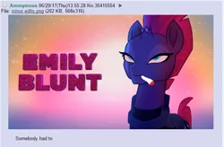 Size: 620x406 | Tagged: safe, derpibooru import, edit, edited screencap, screencap, tempest shadow, pony, unicorn, my little pony: the movie, 420 blaze it, 4chan, blunt, broken horn, emily blunt, eye scar, female, image macro, mare, meme, pun, scar, smoke weed erryday, visual pun, voice actor joke