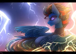 Size: 1024x731 | Tagged: safe, artist:nightskrill, derpibooru import, oc, oc:andrew swiftwing, unofficial characters only, pegasus, pony, clothes, costume, discharge, electricity, grin, lightning, looking at you, looking over shoulder, male, mask, smiling, solo, spread wings, stallion, stormcloud, superhero, thunder, wings