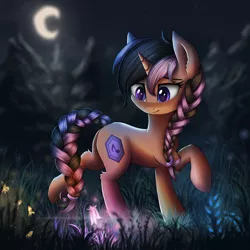 Size: 2000x2000 | Tagged: safe, artist:atlas-66, derpibooru import, oc, oc:aria stone, unofficial characters only, pony, unicorn, braid, braided tail, crescent moon, female, flower, forest, glowing flower, mare, moon, night, pine tree, smiling, solo, tree