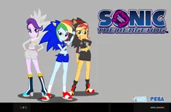 Size: 2605x1708 | Tagged: safe, artist:trungtranhaitrung, derpibooru import, rainbow dash, starlight glimmer, sunset shimmer, equestria girls, boots, clothes, cosplay, costume, crossover, female, friends, group, hand on hip, looking at you, shadow the hedgehog, shoes, silver the hedgehog, simple background, smiling, socks, sonic 06, sonic the hedgehog, sonic the hedgehog (series), trio