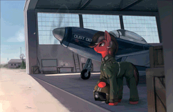 Size: 750x490 | Tagged: safe, artist:rodrigues404, derpibooru import, oc, oc:dustbowl dune, unofficial characters only, pony, animated, cinemagraph, clothes, commission, day, flight suit, gif, hangar, male, p-51 mustang, plane, smiling, solo, stallion