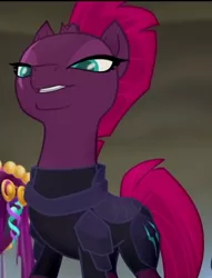 Size: 410x537 | Tagged: safe, derpibooru import, screencap, tempest shadow, pony, my little pony: the movie, broken horn, cropped, eye scar, horn, scar, smiling, smirk, solo, when she smiles