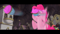 Size: 600x337 | Tagged: safe, derpibooru import, screencap, pinkie pie, pony, my little pony: the movie, animated, assaulting with cake, black bars, cupcake, fast food, food, gif