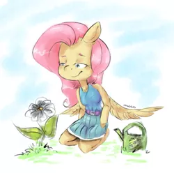 Size: 1512x1500 | Tagged: anthro, arm hooves, artist:cloudyhills, clothes, derpibooru import, dress, female, flower, fluttershy, grass, kneeling, lidded eyes, looking at something, looking down, mare, pegasus, safe, solo, spread wings, unguligrade anthro, watering can, wings