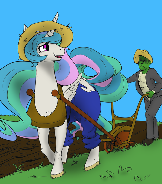 Size: 3264x3700 | Tagged: safe, artist:violise, derpibooru import, editor:totallynotanoob, princess celestia, oc, oc:anon, alicorn, pony, /mlp/, 4chan, clothes, colored, drawthread, duo, farm, frown, hat, horses doing horse things, labor, labour, looking back, overalls, pants, plot, plow, shirt, smiling, straw hat, tack, the ass was fat