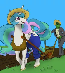 Size: 3264x3700 | Tagged: safe, artist:violise, derpibooru import, editor:totallynotanoob, princess celestia, oc, oc:anon, alicorn, pony, /mlp/, 4chan, clothes, colored, drawthread, duo, farm, frown, hat, horses doing horse things, labor, labour, looking back, overalls, pants, plot, plow, shirt, smiling, straw hat, tack, the ass was fat