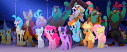Size: 960x400 | Tagged: safe, derpibooru import, official, screencap, applejack, boyle, capper dapperpaws, captain celaeno, clear skies, fluttershy, golden delicious, lemon hearts, lix spittle, mullet (character), murdock, pinkie pie, princess skystar, rainbow dash, rarity, red delicious, twilight sparkle, twilight sparkle (alicorn), abyssinian, alicorn, anthro, bird, classical hippogriff, earth pony, hippogriff, parrot pirates, pegasus, pony, unicorn, my little pony: the movie, animated, anthro with ponies, apple family member, background pony, female, gif, male, mane six, mare, pirate, stallion