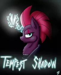 Size: 1223x1500 | Tagged: safe, artist:takutanuvataio, derpibooru import, tempest shadow, pony, unicorn, my little pony: the movie, armor, badass, black background, broken horn, eye scar, female, horn, mare, scar, scar on the wrong side, simple background, solo, sparking horn, tempest shadow is not amused, unamused