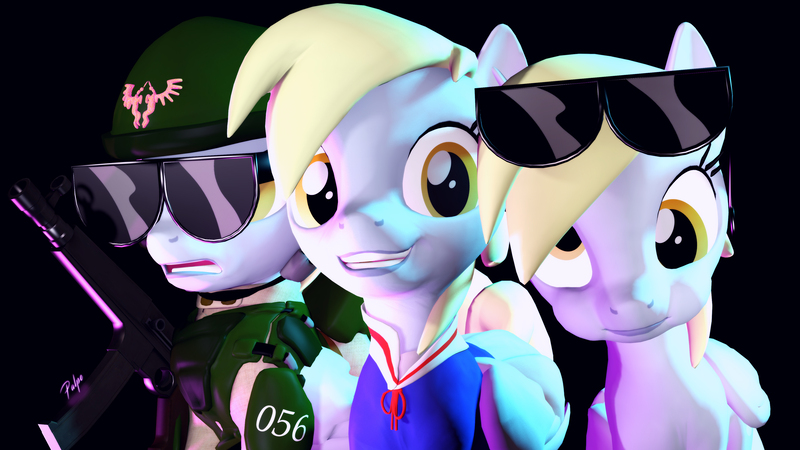 Size: 4098x2304 | Tagged: safe, artist:palpe, derpibooru import, derpy hooves, pegasus, pony, 3d, absurd resolution, derpies, gmod, multeity, triality, trio, triple derpy which is great, unstoppable force of derp