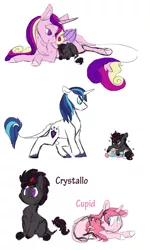 Size: 1600x2668 | Tagged: safe, artist:torusthescribe, derpibooru import, princess cadance, shining armor, oc, oc:crystallo, oc:cupid, alicorn, pony, unicorn, colt, crystal, female, filly, male, mare, offspring, parent:princess cadance, parent:shining armor, parents:shiningcadance, prone, stallion