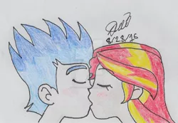 Size: 1024x709 | Tagged: safe, artist:jen-izzy93, derpibooru import, flash sentry, sunset shimmer, equestria girls, eyes closed, female, flashimmer, kissing, male, shipping, straight, traditional art, watermark