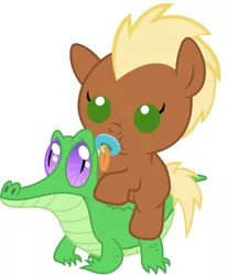 Size: 836x1017 | Tagged: safe, artist:red4567, derpibooru import, gummy, meadow song, pony, baby, baby pony, cute, pacifier, ponies riding gators, riding, simple background, white background