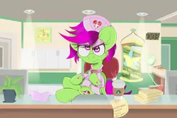 Size: 2400x1600 | Tagged: safe, artist:dannykay4561, derpibooru import, oc, oc:breeze skies, unofficial characters only, pegasus, pony, clothes, coffee, crossed legs, gloves, hoofs on table, hospital, makeup, mobile phone, nurse, nurse outfit, phone, poster, smartphone, solo, starbucks, table