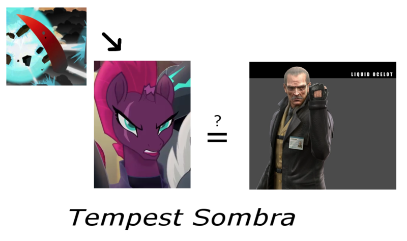 Size: 1100x651 | Tagged: safe, derpibooru import, screencap, king sombra, tempest shadow, pony, my little pony: the movie, the crystal empire, amputee, broken horn, exploitable meme, eye scar, horn, implied mind control, liquid ocelot, liquid snake, make it happen, meme, metal gear, metal gear solid 4, revolver ocelot, scar, sombra's horn, speculation