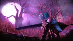 Size: 1920x1080 | Tagged: safe, artist:flutterdaz, derpibooru import, shining armor, pony, 3d, armor, church, forest, frown, moon, mouth hold, night, nose wrinkle, ruin, solo, sword, tree, weapon