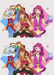Size: 1000x1386 | Tagged: safe, artist:kare-valgon, derpibooru import, pinkie pie, rainbow dash, sunset shimmer, fanfic, equestria girls, baseball, cute, fanfic art, female, human coloration, magic, one eye closed, ponied up, super ponied up, telekinesis, trio, wink