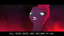 Size: 756x425 | Tagged: safe, derpibooru import, edit, edited screencap, screencap, tempest shadow, pony, unicorn, my little pony: the movie, all your base are belong to us, broken horn, eye scar, horn, image macro, meme, scar, solo, zero wing