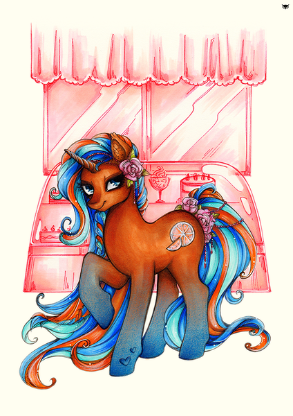 Size: 707x1000 | Tagged: safe, artist:madblackie, derpibooru import, oc, oc:orange sorbet, unofficial characters only, pony, flower, solo, traditional art