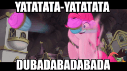 Size: 600x337 | Tagged: safe, derpibooru import, edit, edited screencap, screencap, pinkie pie, pony, my little pony: the movie, animated, assaulting with cake, black bars, cupcake, dakka, food, gif, heavy weapons guy, holy shit quotient, loop, more dakka, team fortress 2