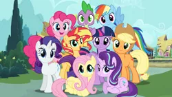 Size: 1436x808 | Tagged: dead source, safe, artist:dilemmas4u, derpibooru import, applejack, fluttershy, pinkie pie, rainbow dash, rarity, spike, starlight glimmer, sunset shimmer, twilight sparkle, twilight sparkle (alicorn), alicorn, dragon, earth pony, pegasus, pony, unicorn, equestria girls, alicornified, female, looking at you, magical quartet, magical quintet, magical trio, male, mane eight, mane nine, mane seven, mane six, mare, race swap, shimmercorn, show accurate, smiling