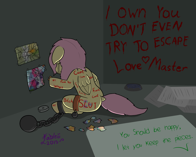 Size: 2500x2000 | Tagged: grimdark, questionable, artist:lazyfable, derpibooru import, applejack, fluttershy, pinkie pie, rainbow dash, rarity, twilight sparkle, pegasus, pony, abuse, ball and chain, body writing, branding, cell, crying, cutiemarking, dialogue, dock, female, floppy ears, flutterbuse, food bowl, graffiti, implied rape, mane six, mane six opening poses, mare, master, offscreen character, photo, psychological abuse, slave, the slave 6, torn, vulgar, wall writing