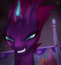 Size: 1018x1080 | Tagged: safe, artist:drarkusss0, derpibooru import, tempest shadow, pony, unicorn, my little pony: the movie, badass, broken horn, bust, canterlot, evil grin, eye scar, faic, female, grin, mare, scar, smiling, smug, smugest shadow, solo, sparking horn