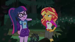 Size: 1280x720 | Tagged: safe, derpibooru import, screencap, sci-twi, sunset shimmer, twilight sparkle, equestria girls, legend of everfree, legend of everfree - bloopers, blooper, snarf