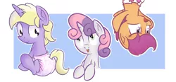 Size: 1280x594 | Tagged: safe, artist:zalakir, derpibooru import, dinky hooves, scootaloo, sweetie belle, pegasus, pony, unicorn, cute, cutealoo, diaper, diasweetes, dinkabetes, ear fluff, female, filly, smiling, upside down