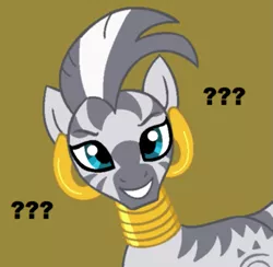 Size: 551x537 | Tagged: artist needed, brown background, confused, confused nick young, derpibooru import, drawthread, female, grin, looking at you, mare, meme, ponified, question mark, safe, simple background, smiling, solo, zebra, zecora