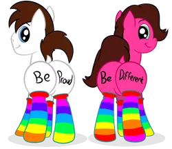 Size: 1024x890 | Tagged: safe, artist:aarondrawsarts, derpibooru import, oc, oc:brain teaser, oc:rose bloom, unofficial characters only, pony, brainbloom, clothes, gay pride flag, large butt, lgbt, plot, pride, pride month, rainbow, rainbow socks, simple background, socks, striped socks, transparent background