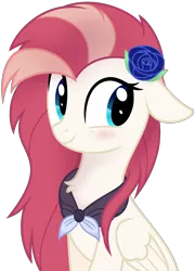 Size: 5000x6927 | Tagged: safe, artist:aureai, derpibooru import, oc, oc:aureai, unofficial characters only, pegasus, pony, .svg available, absurd resolution, blushing, bust, chest fluff, clothes, female, floppy ears, flower, flower in hair, folded wings, happy, looking back, mare, rose, simple background, sitting, smiling, solo, transparent background, vector