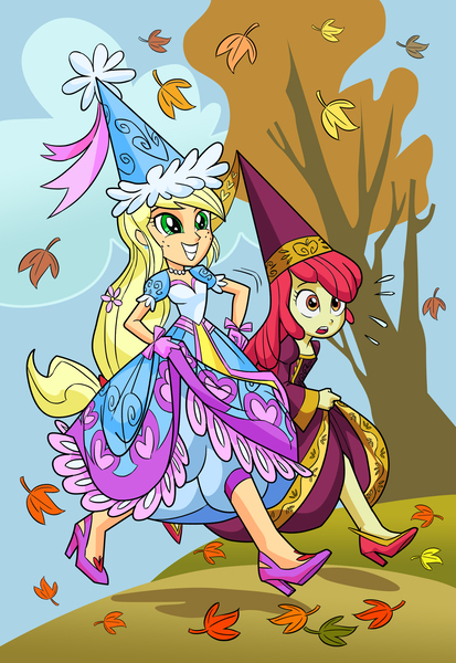 Size: 1756x2554 | Tagged: safe, artist:art-2u, derpibooru import, apple bloom, applejack, equestria girls, for whom the sweetie belle toils, look before you sleep, autumn, beautiful, clothes, commission, costume, dress, ear piercing, earring, exhausted, female, flower, flower in hair, froufrou glittery lacy outfit, gloves, gown, hat, hennin, high heels, jewelry, leaves, necklace, panting, piercing, princess, princess hat, racing, running, shoes, sisters, smiling, tree