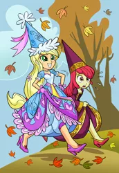 Size: 1756x2554 | Tagged: safe, artist:art-2u, derpibooru import, apple bloom, applejack, equestria girls, for whom the sweetie belle toils, look before you sleep, autumn, beautiful, clothes, commission, costume, dress, ear piercing, earring, exhausted, female, flower, flower in hair, froufrou glittery lacy outfit, gloves, gown, hat, hennin, high heels, jewelry, leaves, necklace, panting, piercing, princess, princess hat, racing, running, shoes, sisters, smiling, tree