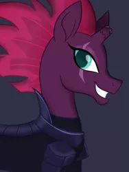 Size: 535x711 | Tagged: safe, artist:wubcakeva, derpibooru import, tempest shadow, pony, unicorn, my little pony: the movie, broken horn, eye scar, female, grin, mare, scar, simple background, smiling, smirk, solo, when she smiles