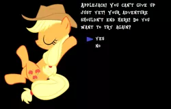 Size: 842x535 | Tagged: safe, derpibooru import, applejack, pony, black background, continue, game over, knocked out, mother series, parody, rpg, simple background, solo, undertale, video game