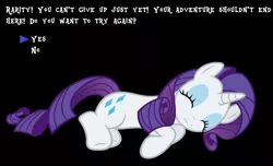 Size: 875x533 | Tagged: safe, derpibooru import, rarity, pony, black background, continue, game over, knocked out, mother series, parody, rpg, simple background, solo, undertale, video game