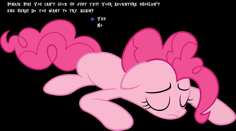 Size: 1296x721 | Tagged: safe, derpibooru import, pinkie pie, pony, black background, continue, game over, knocked out, mother series, parody, rpg, simple background, solo, undertale, video game