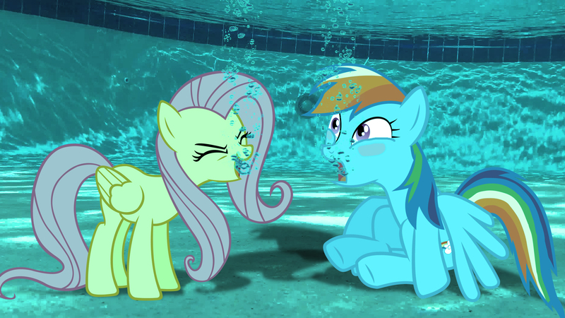 1164038 - safe, artist:sb1991, derpibooru import, fluttershy, rainbow dash,  pony, blushing, flutteryay, irl, photo, ponies in real life, screaming,  swimming pool, underwater, version 2 - Twibooru